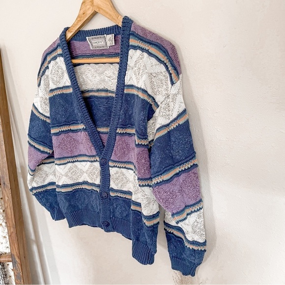 VIntage 90's Chunky Knit Textured Slouchy Striped Cardigan - Picture 2 of 9